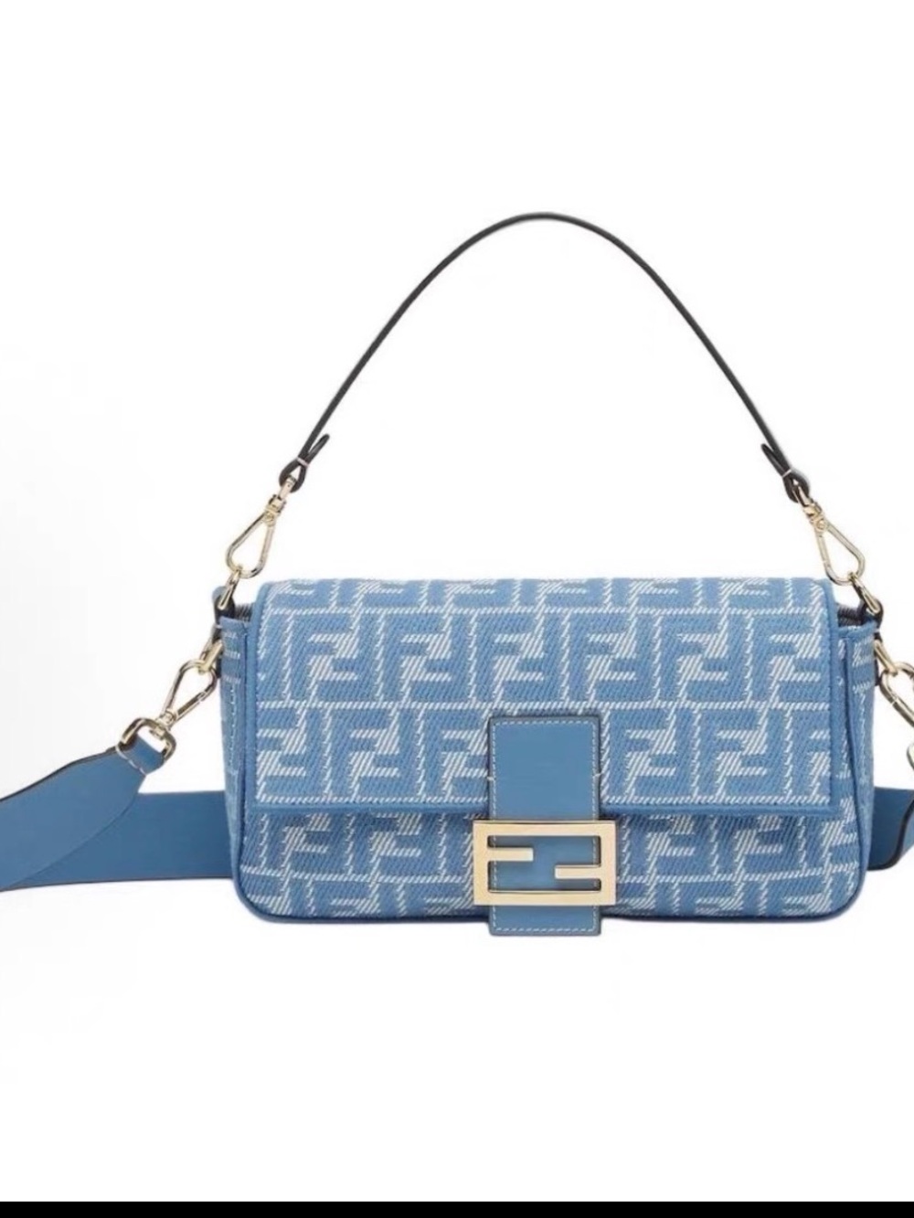 Fendi Light Blue FF Jacquard Shoulder Bag with Gold-Tone Hardware